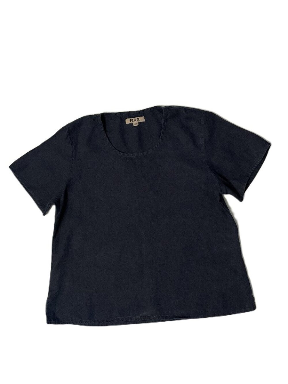 Flax Top 100% Linen Small (6-10) Navy Blue Short Sleeve Lagenlook Minimalist